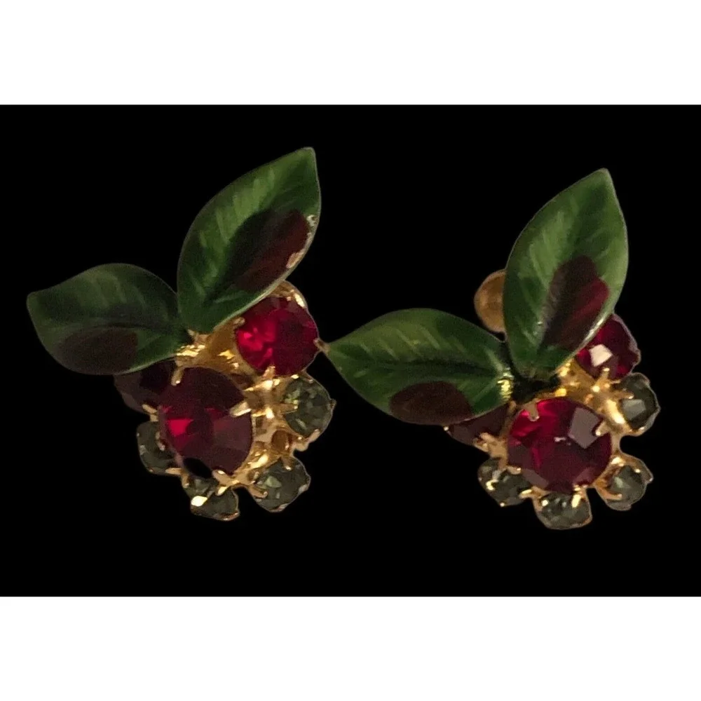VTG Hobe 1965 Red Green Enameled Leaf Berries Rhinestone Brooch Earrings SET